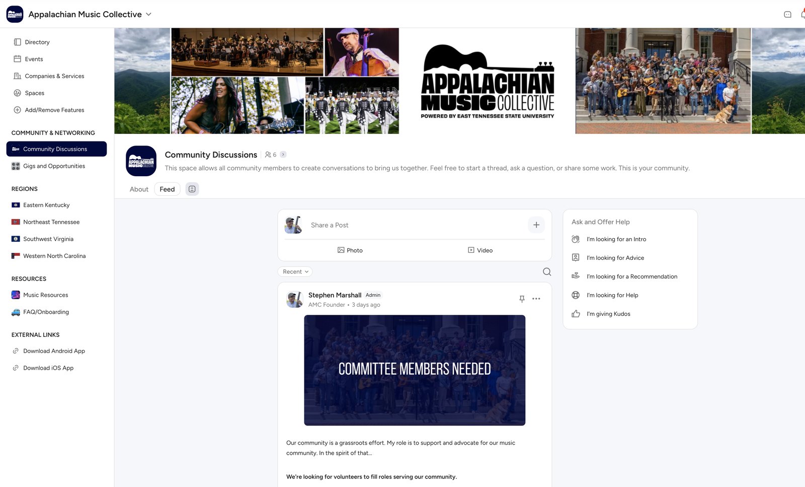 Inside the AMC digital hub: community discussions, regional rooms for Eastern Kentucky, Northeast Tennessee, Southwest Virginia, and Western North Carolina, a gigs board, and ways to ask for intros, advice, and help